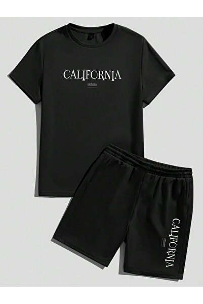 OVER HEAD Men's Black California Printed Oversize Shorts T-Shirt Set