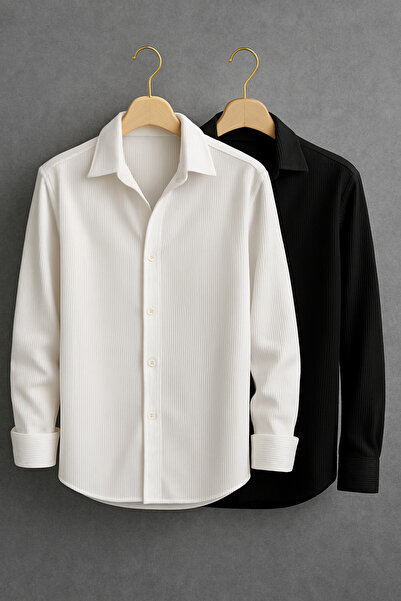 oneoff Erkek Kışlık Siyah Beyaz 2 li Fitilli Ottoman Dokulu Oversize Gömlek