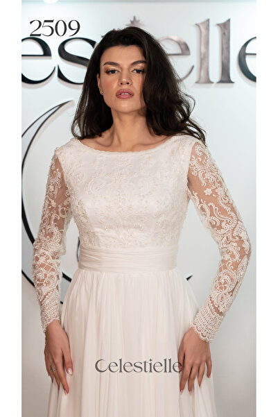 Celestielle A-line wedding dress with silk skirt and long lace sleeves