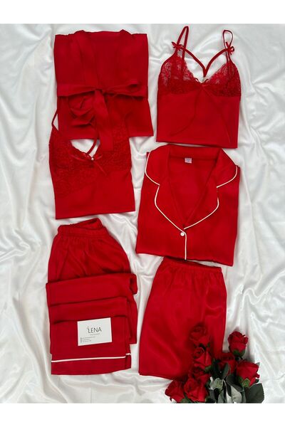 Lena Homewears Kadın Saten Pijama Gecelik Şortlu Sabahlık Lena Çeyiz Seti