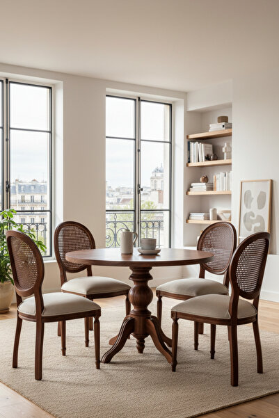 Woodenbend Orlando Ceviz Rengi Yuvarlak Masa Takımı 100 cm – 4 Doğal Hazeranlı Kayın Sandalye, Sabit Ahşap