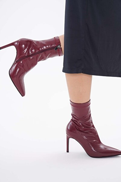 golden heel bordo cilt streç 8.5 cm orta boy kadın topuklu bot