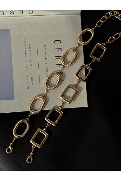 TABA BUTİK Curea de lanț pentru femei, ajustabilă, din aur, din 2 piese, cu inel cu model și detaliu de cataramă pătrată