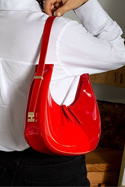 Rivina Rivi Model Patent Leather Large Size Women's Baguette Bag Red