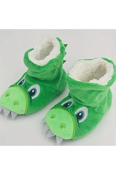 darko Yeşil Dinozorlu Çocuk Panduf Peluş Kışlık Ev Kreş Ayakkabısı Dinozor Dinazor Panduf 26-32 Numara
