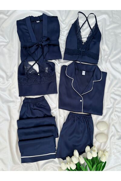 Lena Homewears Kadın Saten Pijama Gecelik Şortlu Sabahlık Lena Çeyiz Seti