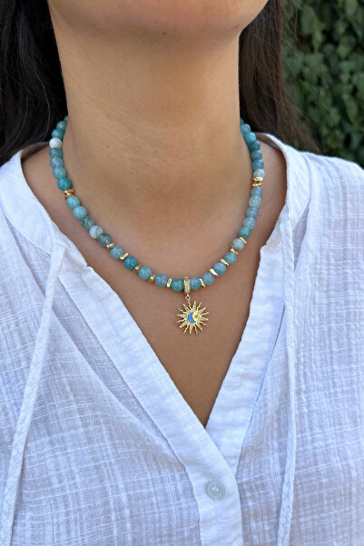 Suerte Accessories Handmade Steel Sun Symbol Tipped Aquamarine Natural Stone Special Design Women's Natural Stone Necklace