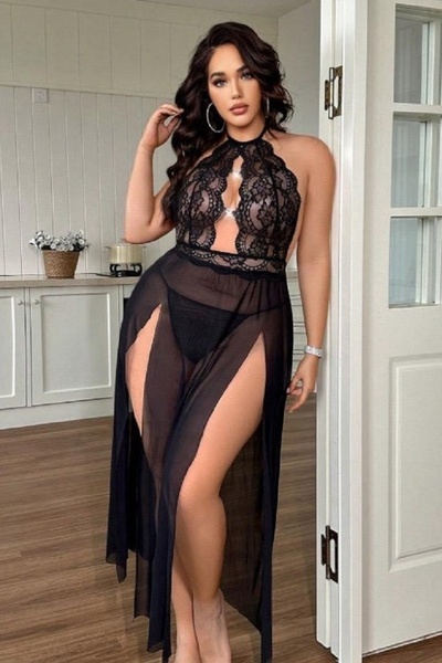 Qvien Secret Leopar Yırtmaçlı Dantel Detaylı Uzun Askılı Likralı Tül Romantik Kadın Sabahlık