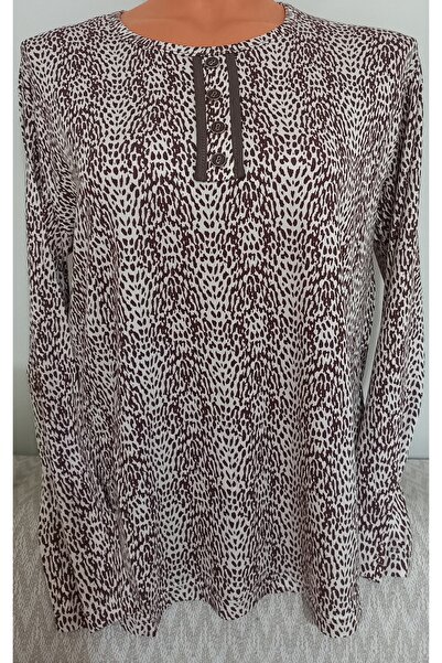 Anne Er Clothing Combed Cotton Blouse Long Sleeve Crew Neck Coffee Patterned