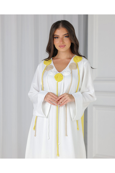 Elegant White and yellow balloon jalabiya, linen fabric White and yellow balloon jalabiya, linen fabric