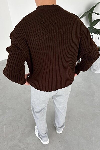 HAFKAGİYİM Brown Crew Neck Ribbed Oversize Knit Sweater
