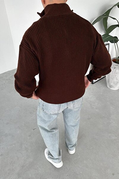 HAFKAGİYİM Brown Half-Zip High Neck Knit Sweater