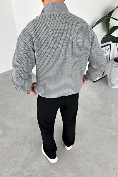 HAFKAGİYİM Gray Half-Zip High Neck Knit Sweater