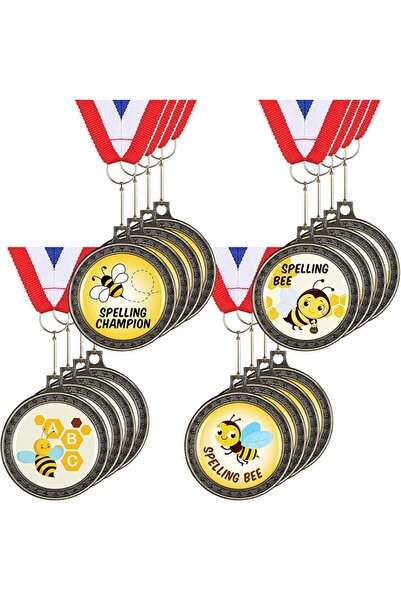 Generic 16 قطعة من ميداليات جوائز مسابقة التهجئة مع شريط للرقبة ميداليات معدنية على شكل قرص العسل مقاس 2 بوصة لمسابقة التهجئة