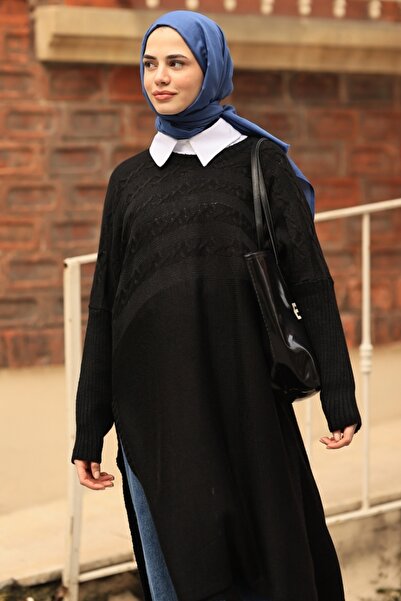 Kombinazon Μακρύ μαύρο τουνίκ με πλεκτό σχέδιο Verna