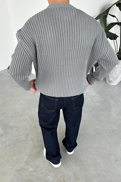 HAFKAGİYİM Gray Crew Neck Ribbed Oversize Knit Sweater