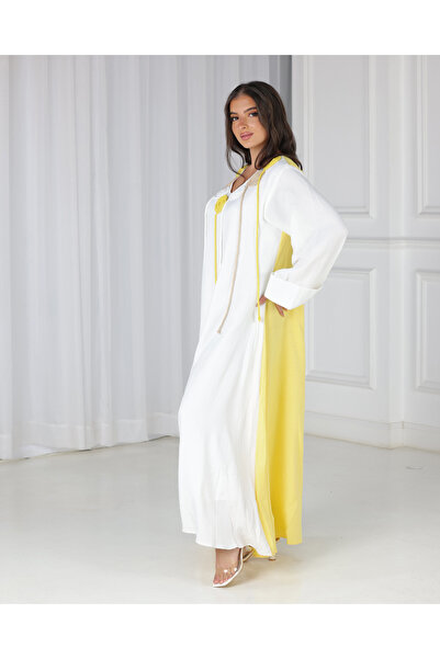 Elegant White and yellow balloon jalabiya, linen fabric White and yellow balloon jalabiya, linen fabric