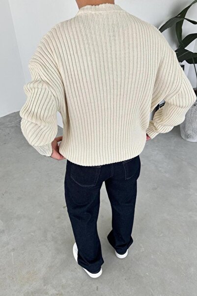 HAFKAGİYİM Πλεκτό πουλόβερ με λαιμόκοψη και ριμπέλ σε χρώμα κρέμα