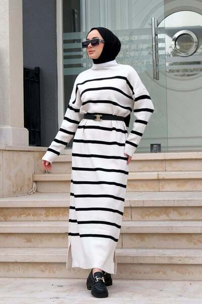 Kombinazon Ases Striped Stand Collar Ecru Knitwear Cardigan