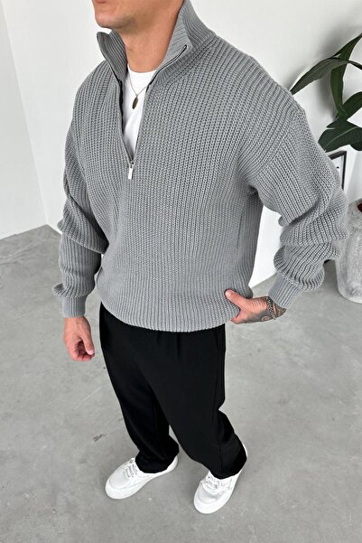 HAFKAGİYİM Gray Half-Zip High Neck Knit Sweater