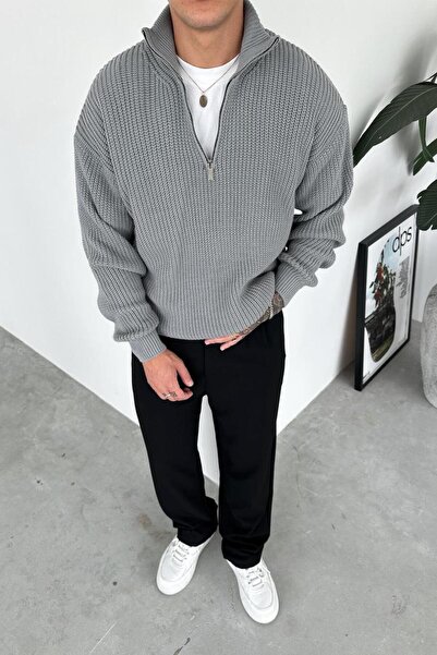 HAFKAGİYİM Gray Half-Zip High Neck Knit Sweater