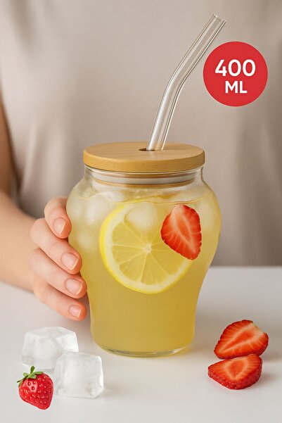 Open Home Concept 6'lı Çilek Desenli 400 ml Borosilikat Cam Bardak – Bambu Kapaklı, Cam Pipet Hediyeli