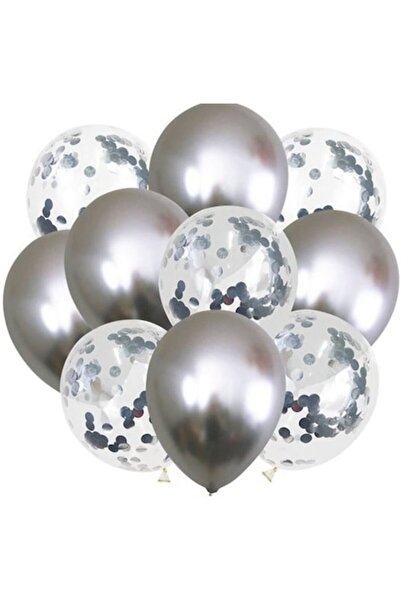 OEM Set 10 baloane transparente cu confetti argintii / Crom / metalice 30 cm