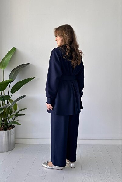 MaziButik Pile Detail Double Suit Navy Blue