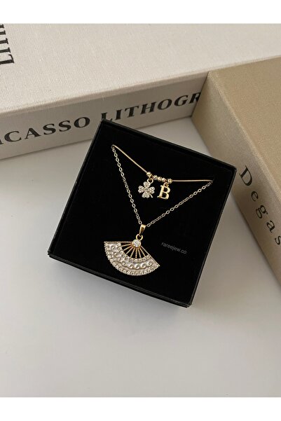 Raree Jewellery 2li çelik kolye seti kombini (charm kolye ve beyaz mineli yelpaze kolye) hediyelik