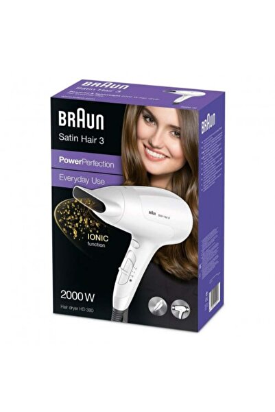 Braun Satin-Hair 3 Hair Dryer with Ionic Technology, White and Silver, 2000 Watts - HD 380