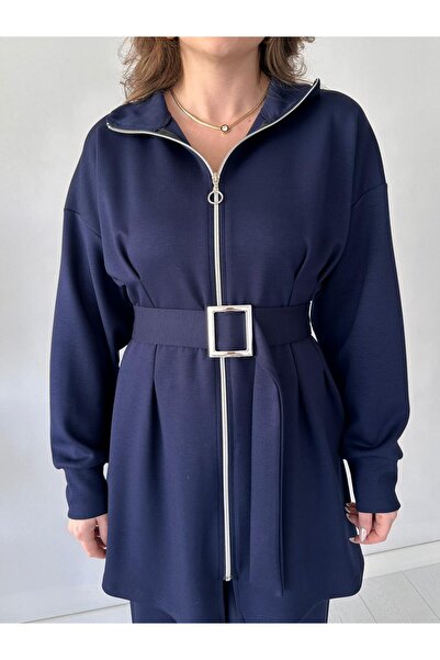 MaziButik Pile Detail Double Suit Navy Blue