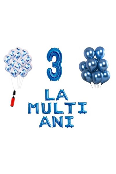 OEM Set de 32 de baloane, „La Multi Ani” 3 ani, folie număr 100 cm, albastru
