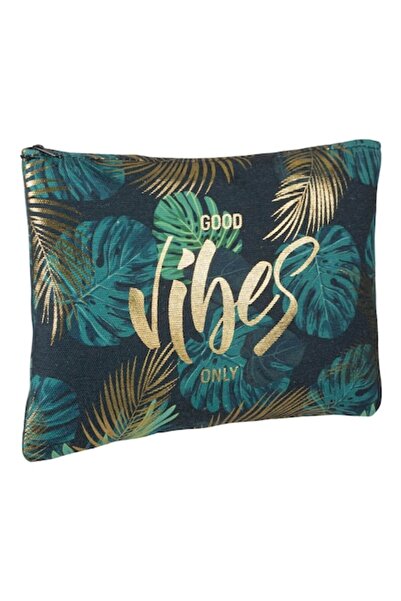 OEM Зелена козметична торбичка със златно фолио "Good Vibes" 32x22см