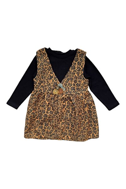 Miniworld Girls' Animal Print Dress with Black Cotton Blouse, Age 4-5 Years, 110 cm, Brown