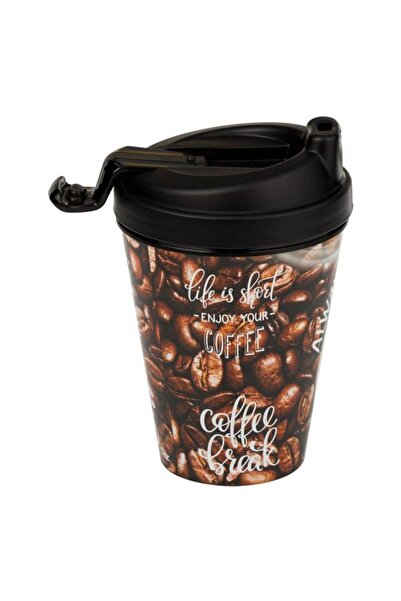 OEM Plastic cup with lid for coffee/tea, reusable, 9.5 x 13.5 cm, 400 ml, Brown
