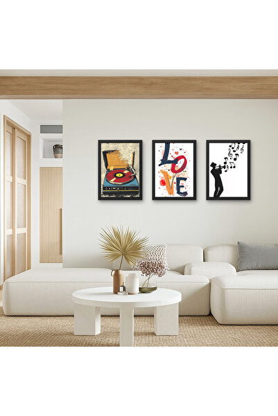 RS JANTİ STORE Set de 3 tablouri din lemn retro cu tematică muzicală, cu scrisul „Love”, decorare colorată pentru perete, camera pentru adolescenți, sufragerie