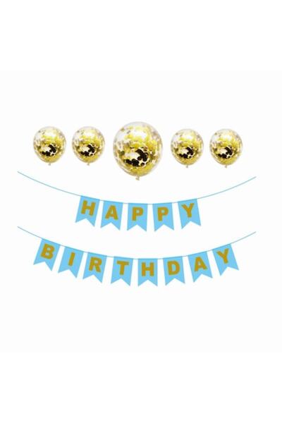 MP Mirific Party Set of 5 balloons with gold confetti and blue "Happy Birthda...