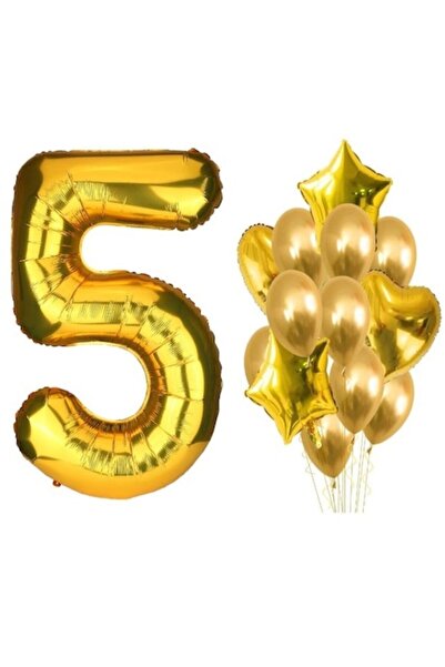 OEM Set de 15 baloane aurii - a 5-a aniversare (98 cm numere, 45 cm stele și ...
