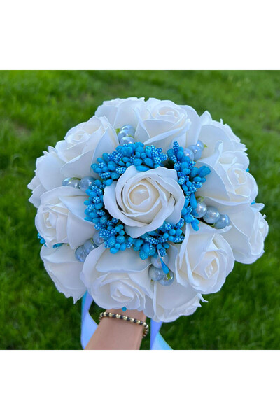 velve Buchet Mireasa, trandafiri de sapun, stamine si perle, albastru,