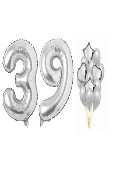 OEM Set de 16 baloane argintii, aniversare 39, număr 100 cm, steluțe 45 cm, i...