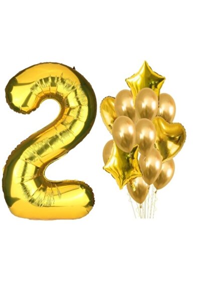OEM Set de 15 baloane aurii, a 2-a aniversare, număr 100 cm, stele 45 cm, ini...