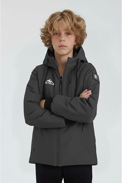 SİVAİST Boys' Gray Outdoor Water-Repellent Hooded Coat – Windproof, Lightweight, and Durable