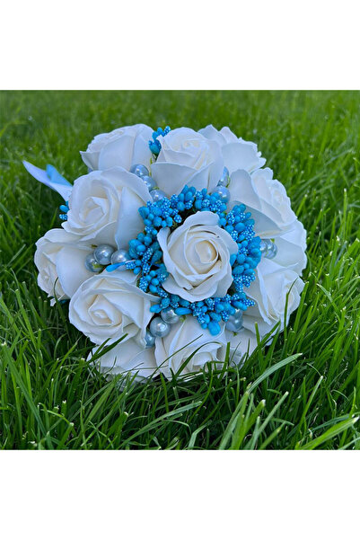 velve Buchet Mireasa, trandafiri de sapun, stamine si perle, albastru,