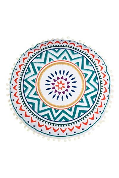 OEM Pernă decorativă rotundă albă cu forme geometrice colorate și pompon crem...