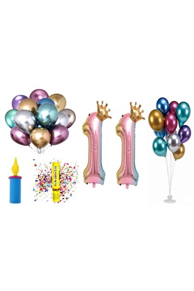 OEM Set baloane aniversare, 11 ani, model multicolor cu coroană, 60 buc