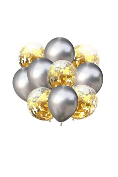 OEM Set 10 baloane latex chrome cu confetti, culoare argintiu / auriu, metali...