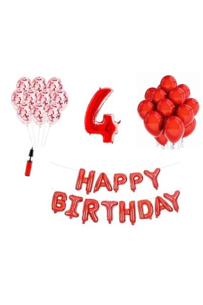 OEM Set of 35 balloons — Happy Birthday, 4th anniversary, 100 cm foil number, red