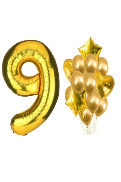 OEM Set de 15 baloane aurii - a 9-a aniversare, cifră 101 cm, stele 45 cm, in...