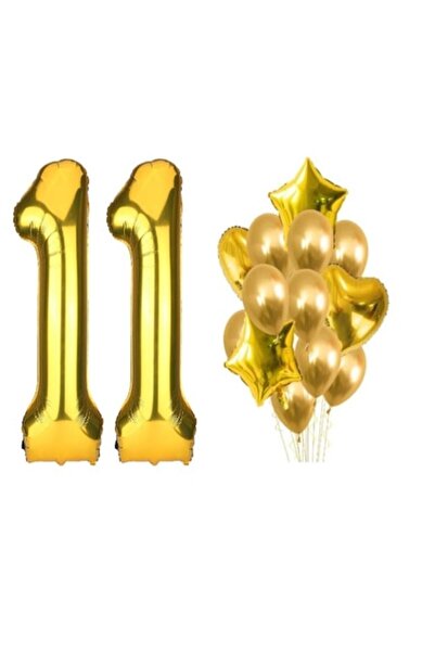 OEM Комплект от 16 златни балона, 11-та годишнина, номер 101 см, звезди 45 см...