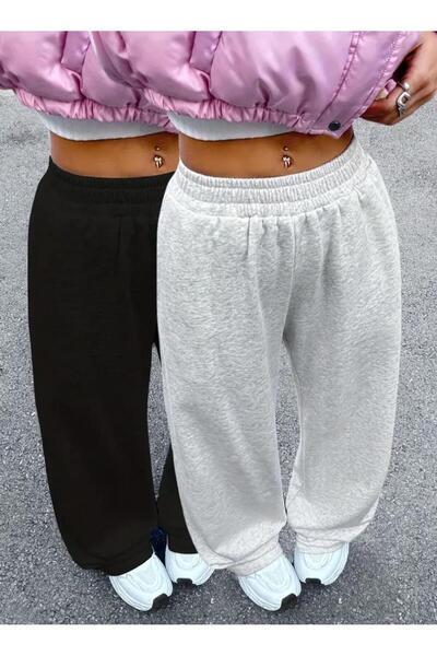 berfmoda DOUĂ BUCĂȚI DE PANTALONI DE TRENING LĂRGI, NEGRU ȘI GRI, CU TĂIȚELE ...